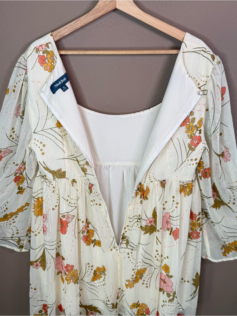 ModCloth Boho Empire Waist Flowy Floral Baby Doll Dress Bell Sleeves Size 12 - Picture 14 of 16